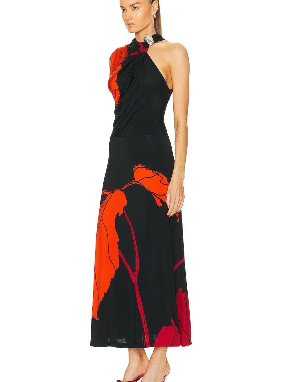 JOHANNA ORTIZ Black & Red Print Knit Jersey Maxi Dress.
